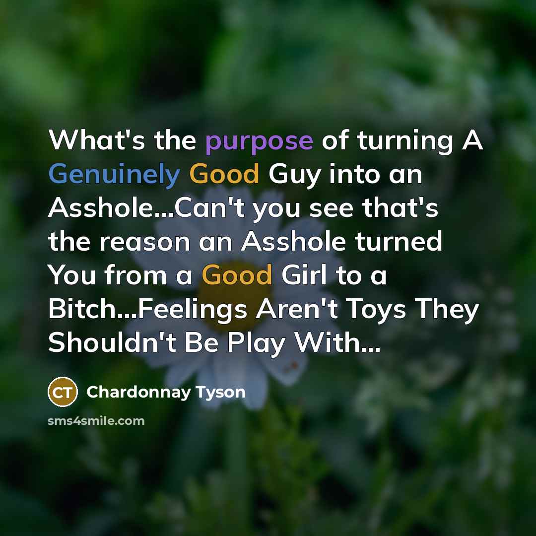 “What's the purpose of turning A Genuinely Good Guy into an Asshole...Can't you see that's the reason an Asshole turned You from a Good Girl to a Bitch...Feelings Aren't Toys They Shouldn't Be Play With...” quote by Chardonnay Tyson