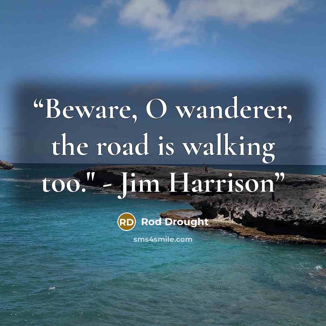 “Beware, O wanderer, the road is walking too." - Jim Harrison” quote by Rod Drought