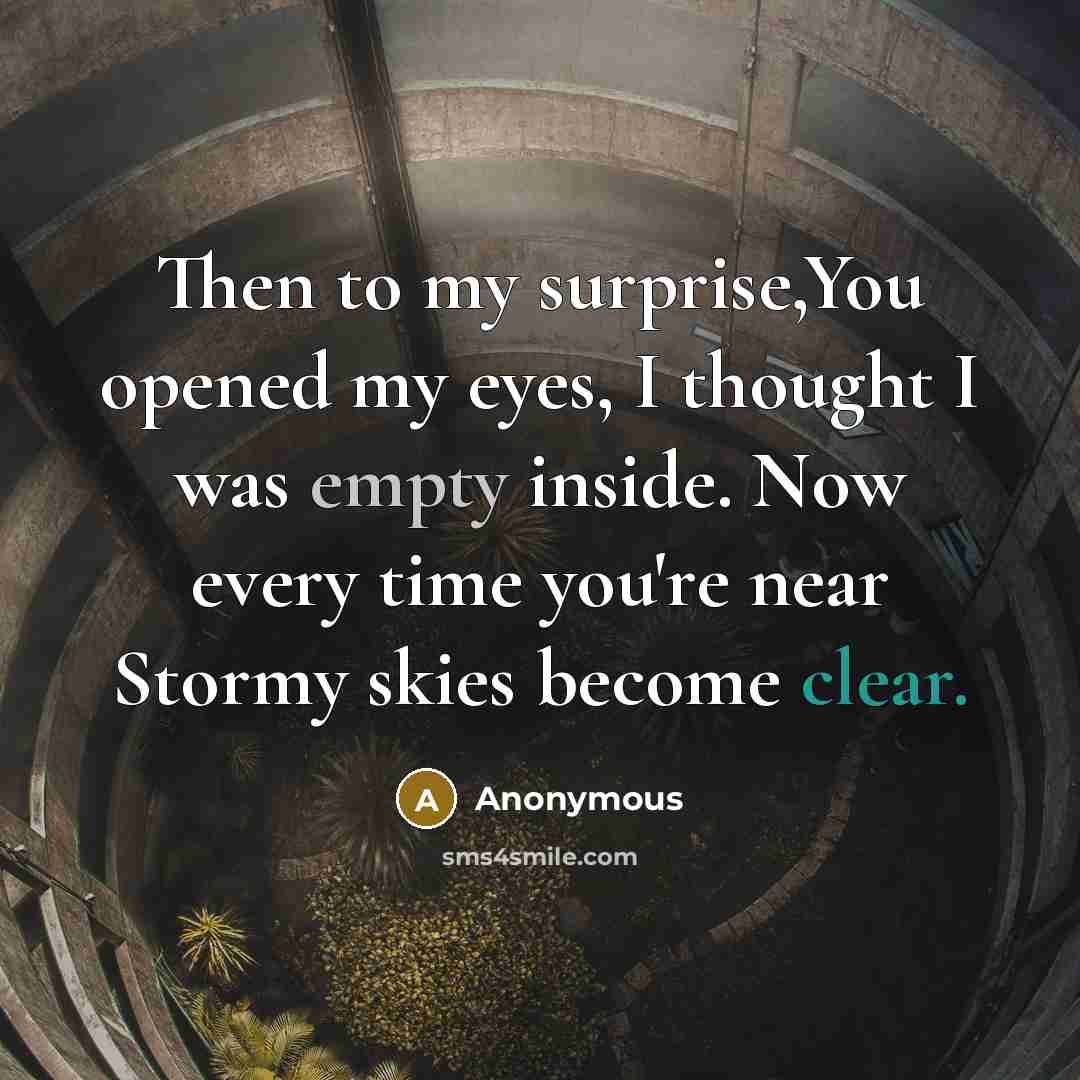 “Then to my surprise,You opened my eyes, I thought I was empty inside. Now every time you're near Stormy skies become clear.” quote by Anonymous