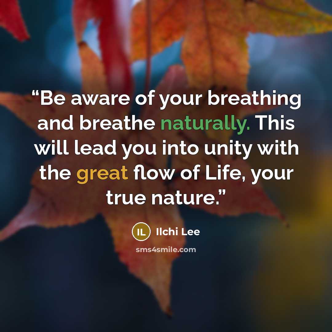 “Be aware of your breathing and breathe naturally. This will lead you into unity with the great flow of Life, your true nature.” quote by Ilchi Lee