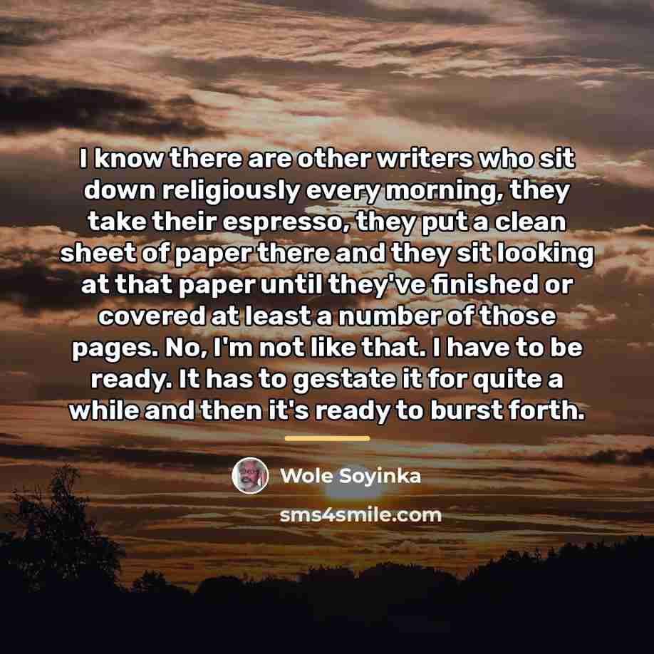 “I know there are other writers who sit down religiously…” quote by Wole Soyinka