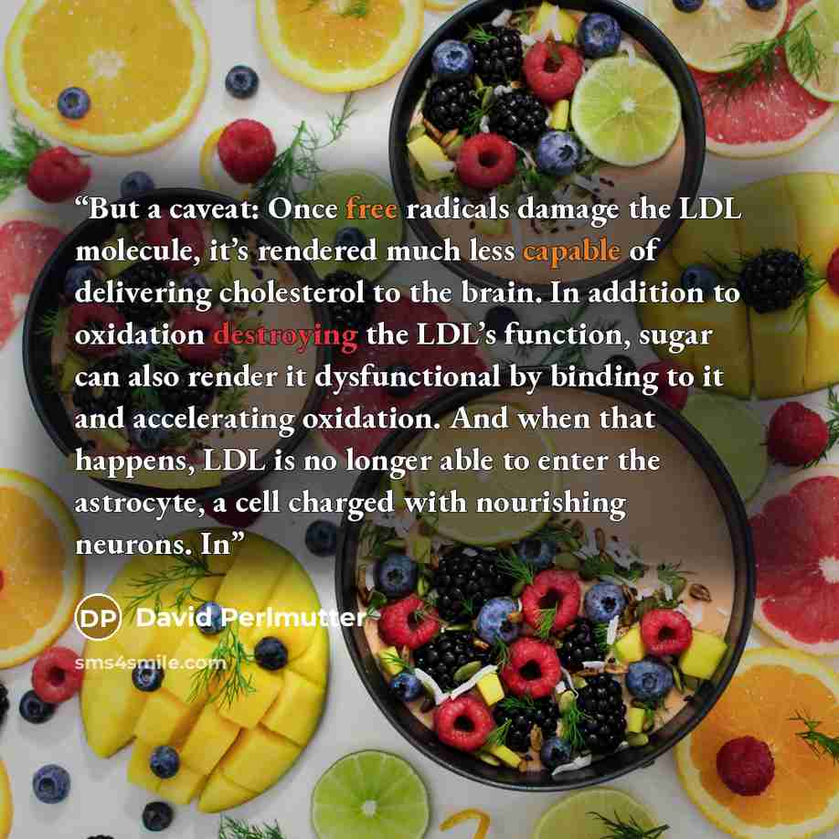 “But a caveat: Once free radicals damage the LDL molecule, it’s rendered much less capable of delivering cholesterol to the brain. In addition to oxidation destroying the LDL’s function, sugar can also render it dysfunctional by binding to it and accelerating oxidation. And when that happens, LDL…” quote by David Perlmutter