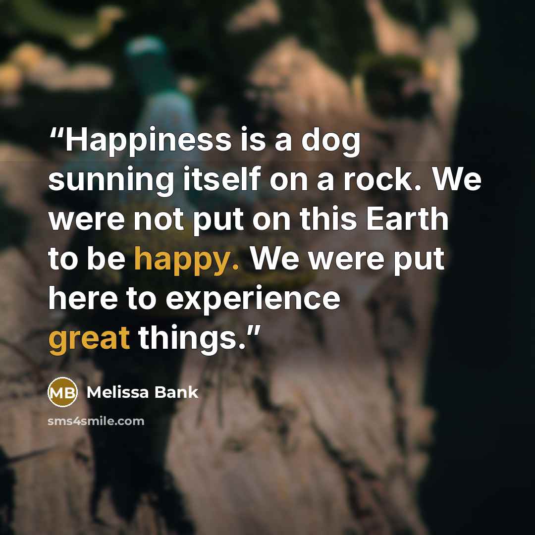 “Happiness is a dog sunning itself on a rock. We were not put on this Earth to be happy. We were put here to experience great things.” quote by Melissa Bank