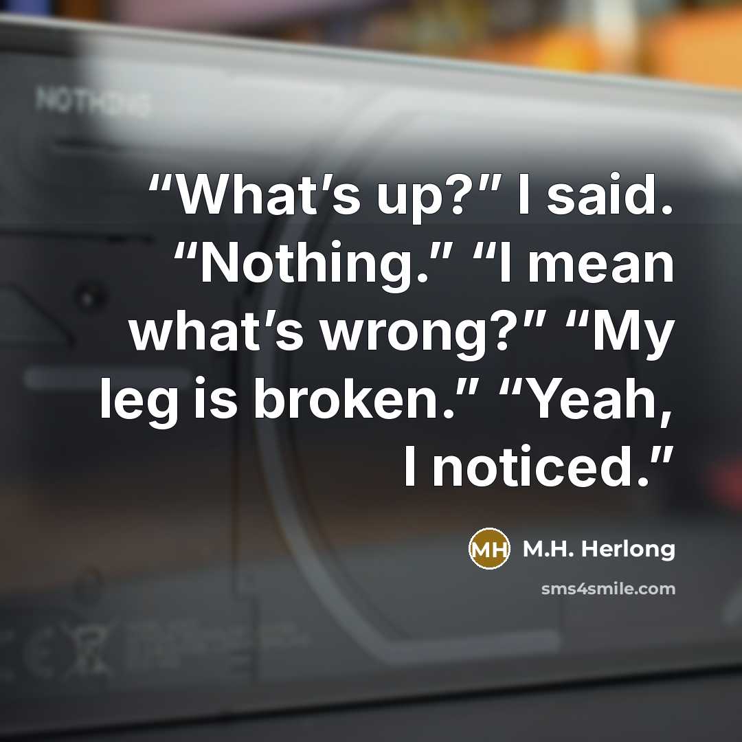 “What’s up?” I said. “Nothing.” “I mean what’s wrong?” “My leg is broken.” “Yeah, I noticed.” quote by M.H. Herlong