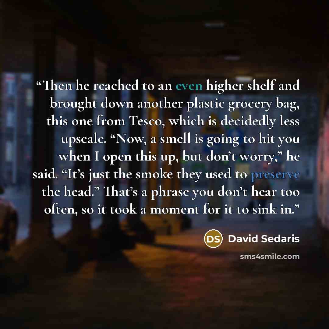 “Then he reached to an even higher shelf and brought down another plastic grocery bag, this one from Tesco, which is decidedly less upscale. “Now, a smell is going to hit you when I open this up, but don’t worry,” he said. “It’s just the smoke they used to preserve the head.” That’s a phrase you…” quote by David Sedaris