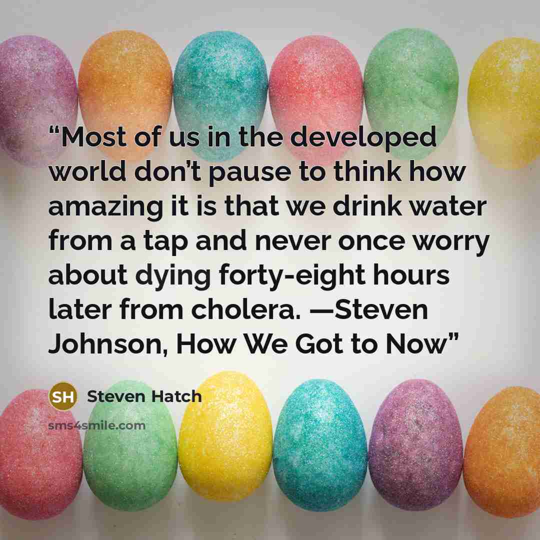 “Most of us in the developed world don’t pause to think how amazing it is that we drink water from a tap and never once worry about dying forty-eight hours later from cholera. —Steven Johnson, How We Got to Now” quote by Steven Hatch