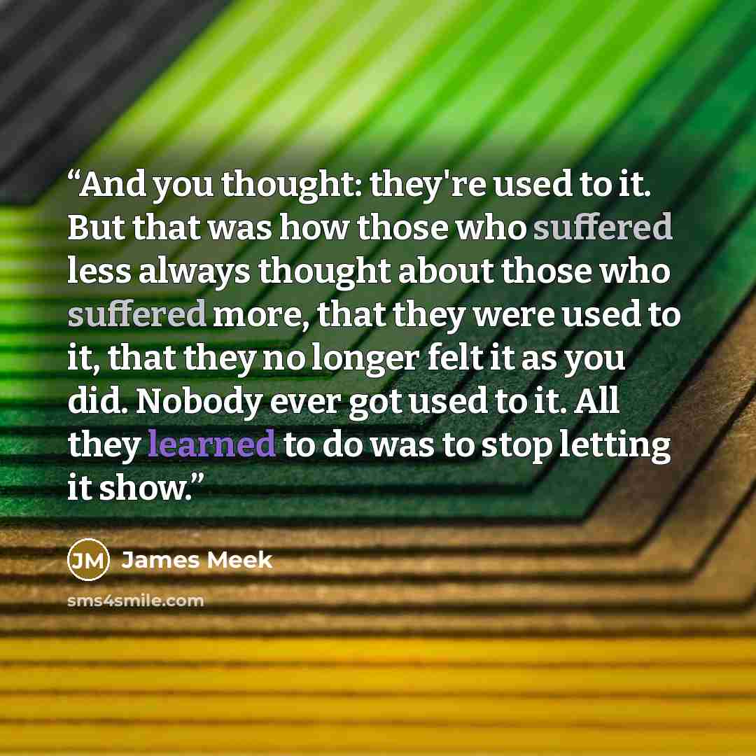 “And you thought: they're used to it. But that was how those who suffered less always thought about those who suffered more, that they were used to it, that they no longer felt it as you did. Nobody ever got used to it. All they learned to do was to stop letting it show.” quote by James Meek