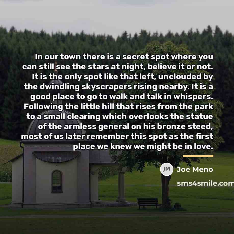 “In our town there is a secret spot where you…” quote by Joe Meno
