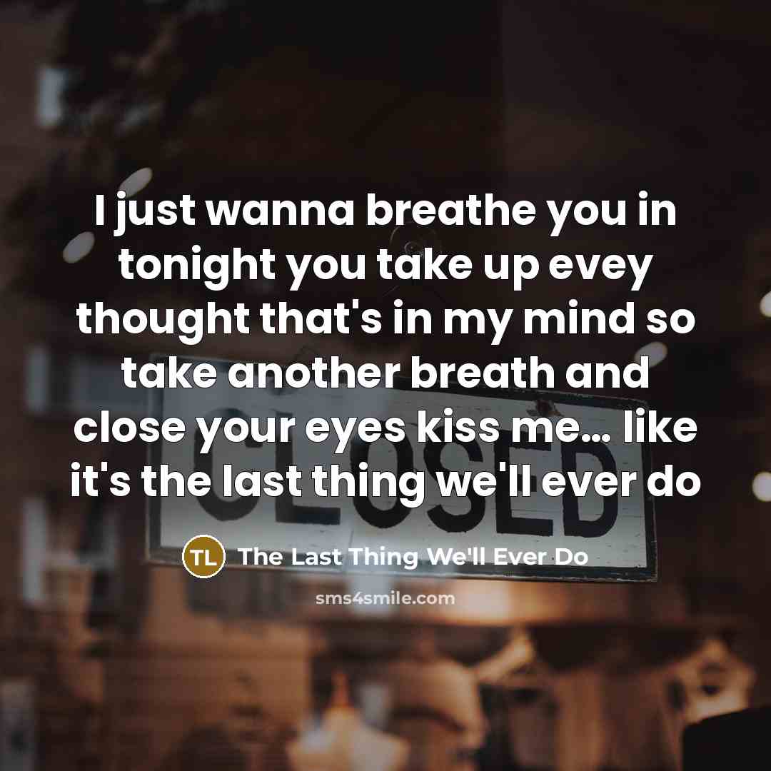 “I just wanna breathe you in tonight you take up evey thought that's in my mind so take another breath and close your eyes kiss me… like it's the last thing we'll ever do” quote by The Last Thing We'll Ever Do