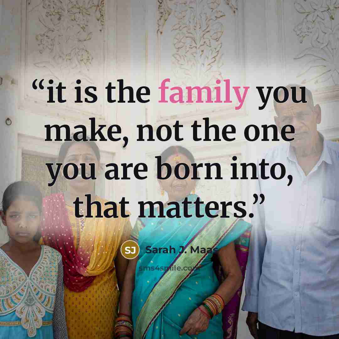 “it is the family you make, not the one you are born into, that matters.” quote by Sarah J. Maas