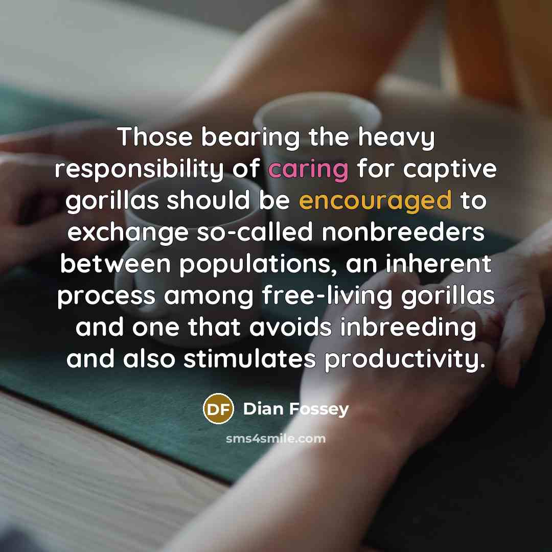 “Those bearing the heavy responsibility of caring for captive gorillas should be encouraged to exchange so-called nonbreeders between populations, an inherent process among free-living gorillas and one that avoids inbreeding and also stimulates productivity.” quote by Dian Fossey