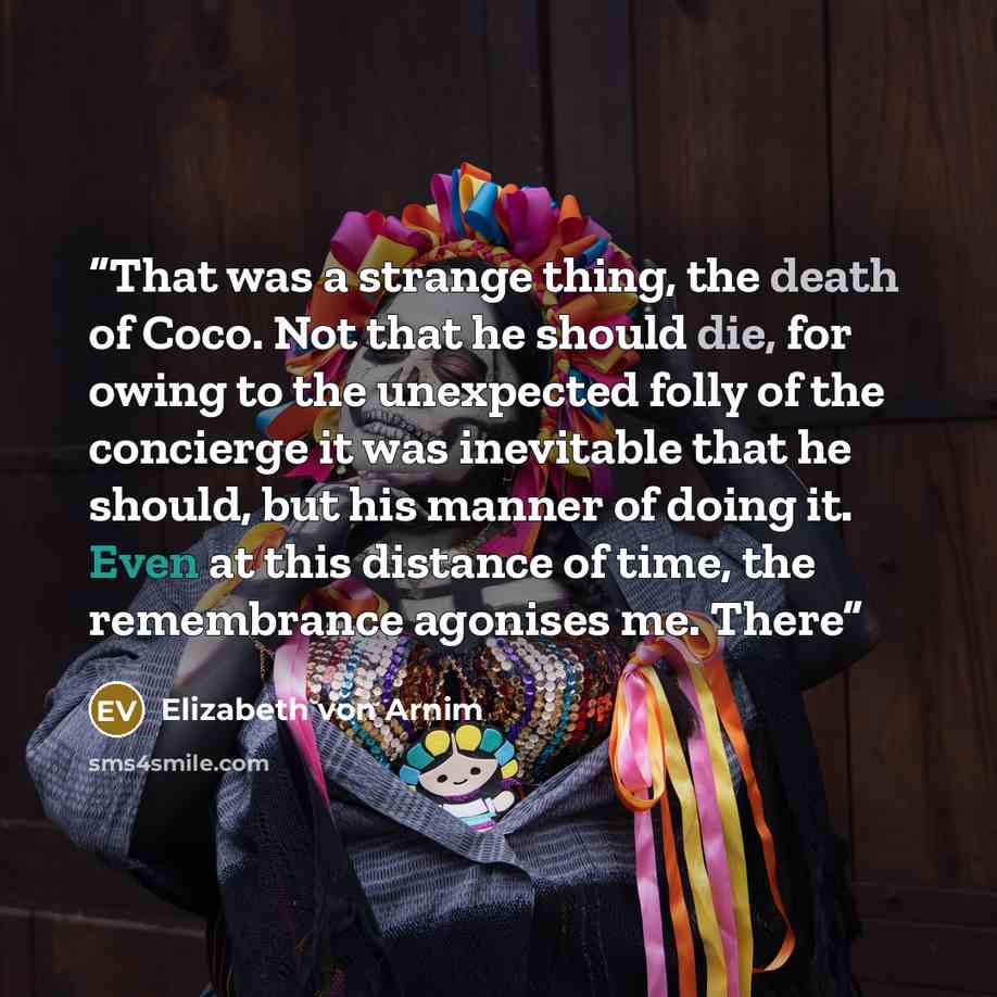 “That was a strange thing, the death of Coco. Not that he should die, for owing to the unexpected folly of the concierge it was inevitable that he should, but his manner of doing it. Even at this distance of time, the remembrance agonises me. There” quote by Elizabeth von Arnim