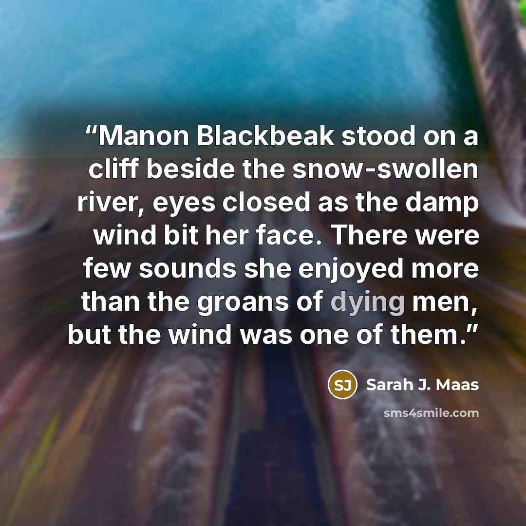 “Manon Blackbeak stood on a cliff beside the snow-swollen river, eyes closed as the damp wind bit her face. There were few sounds she enjoyed more than the groans of dying men, but the wind was one of them.” quote by Sarah J. Maas