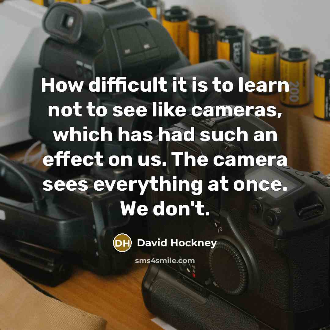 “How difficult it is to learn not to see like cameras, which has had such an effect on us. The camera sees everything at once. We don't.” quote by David Hockney