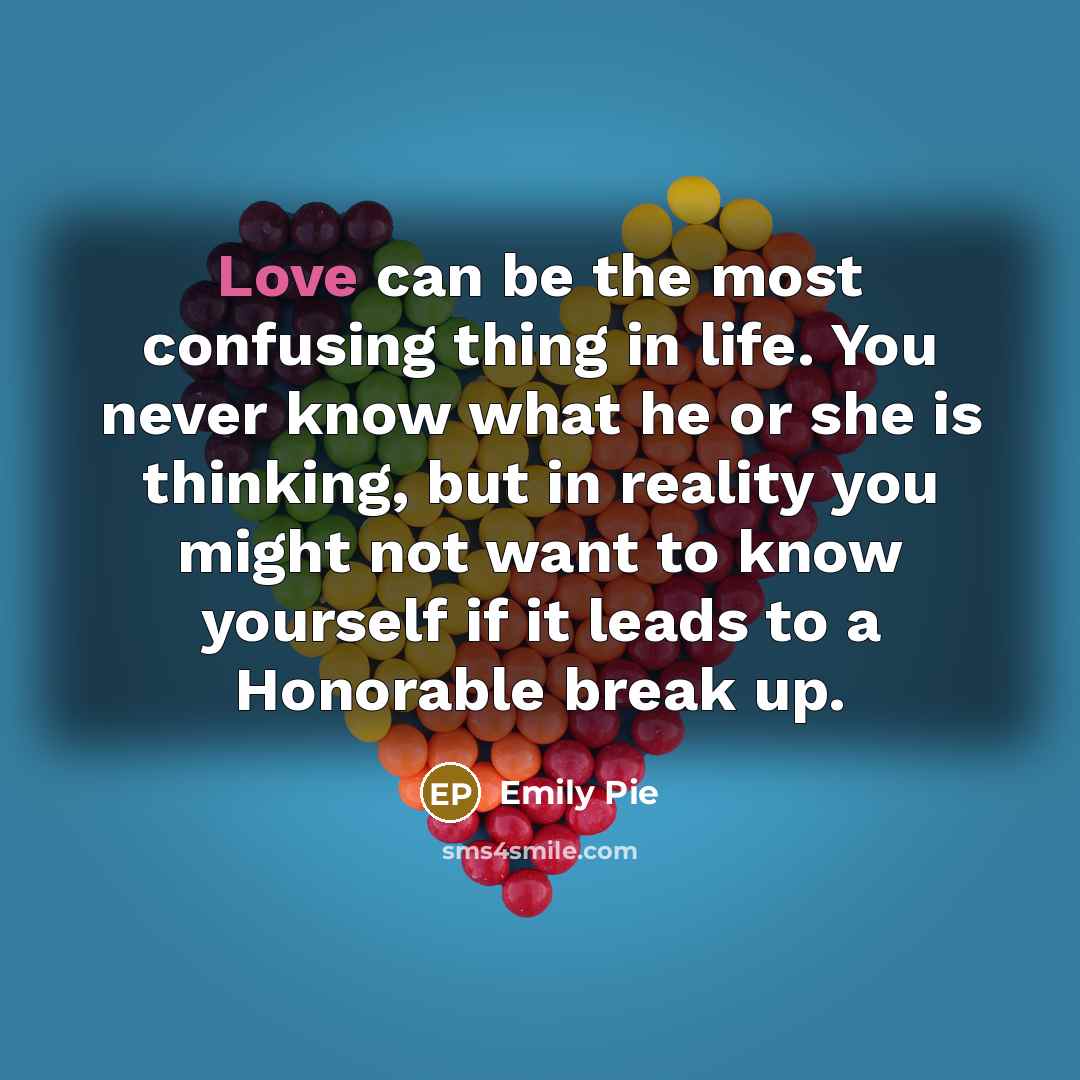 “Love can be the most confusing thing in life. You never know what he or she is thinking, but in reality you might not want to know yourself if it leads to a Honorable break up.” quote by Emily Pie