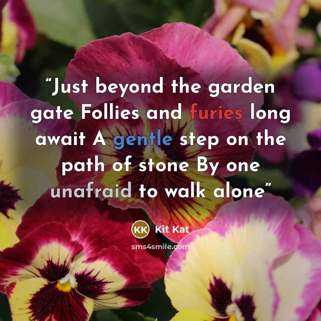 “Just beyond the garden gate Follies and furies long await A gentle step on the path of stone By one unafraid to walk alone” quote by Kit Kat