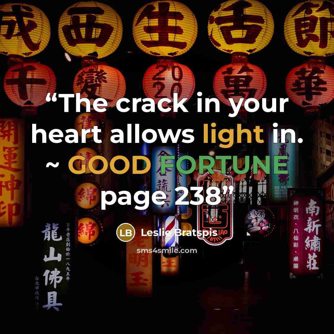 “The crack in your heart allows light in. ~ GOOD FORTUNE page 238” quote by Leslie Bratspis