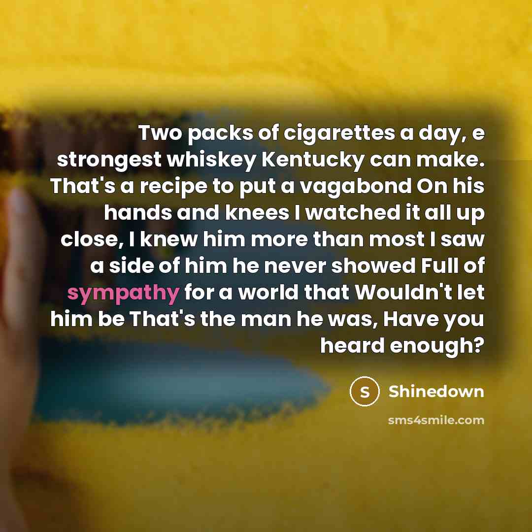 “Two packs of cigarettes a day, e strongest whiskey Kentucky can make. That's a recipe to put a vagabond On his hands and knees I watched it all up close, I knew him more than most I saw a side of him he never showed Full of sympathy for a world that Wouldn't let him be That's the man he was, Have…” quote by Shinedown