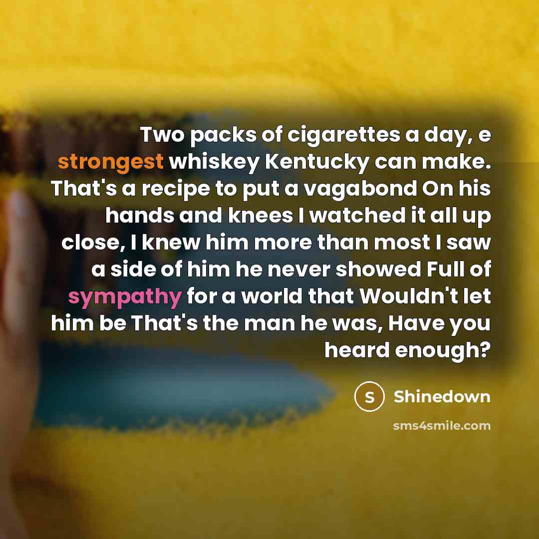 “Two packs of cigarettes a day, e strongest whiskey Kentucky can make. That's a recipe to put a vagabond On his hands and knees I watched it all up close, I knew him more than most I saw a side of him he never showed Full of sympathy for a world that Wouldn't let him be That's the man he was, Have…” quote by Shinedown
