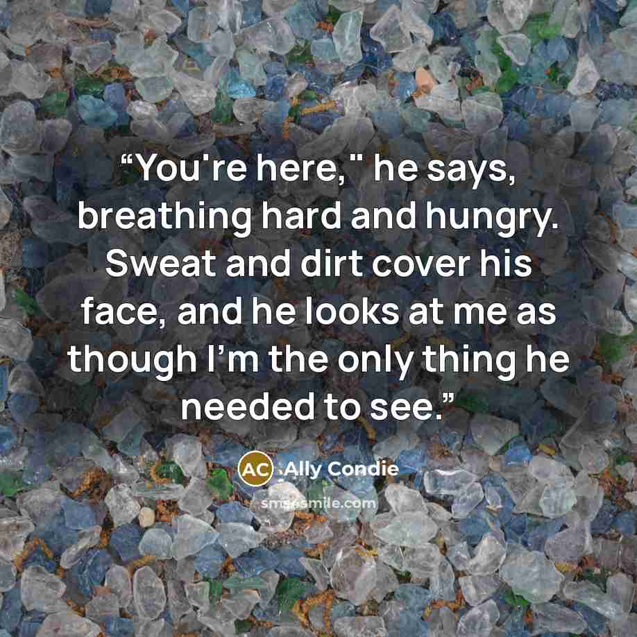 “You're here," he says, breathing hard and hungry. Sweat and dirt cover his face, and he looks at me as though I'm the only thing he needed to see.” quote by Ally Condie