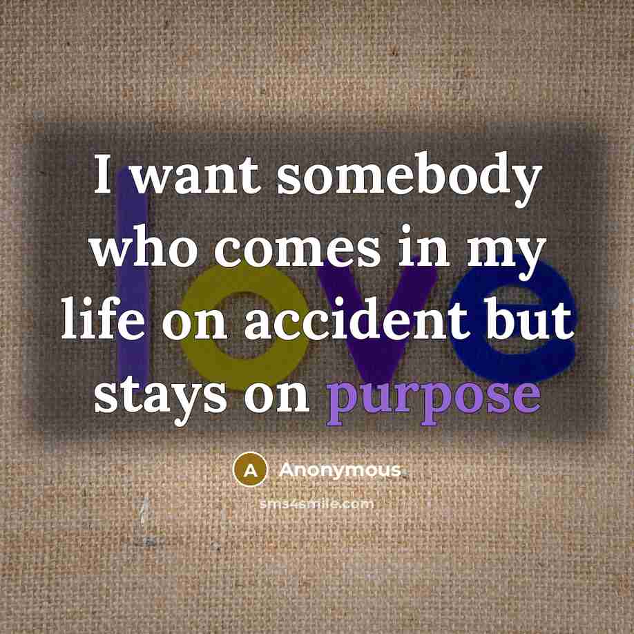 “I want somebody who comes in my life on accident but stays on purpose” quote by Anonymous