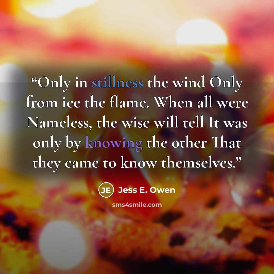 “Only in stillness the wind Only from ice the flame. When all were Nameless, the wise will tell It was only by knowing the other That they came to know themselves.” quote by Jess E. Owen