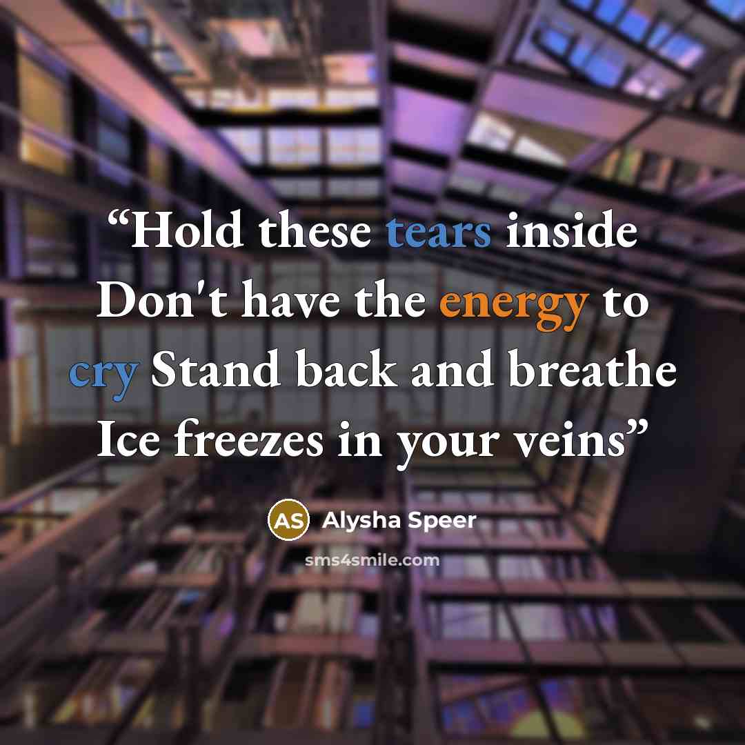 “Hold these tears inside Don't have the energy to cry Stand back and breathe Ice freezes in your veins” quote by Alysha Speer