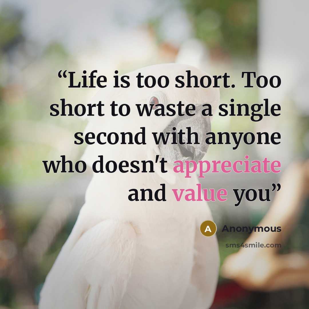 “Life is too short. Too short to waste a single second with anyone who doesn't appreciate and value you” quote by Anonymous