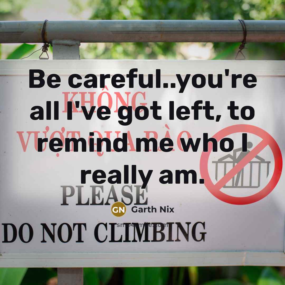 “Be careful..you're all I've got left, to remind me who…” quote by Garth Nix