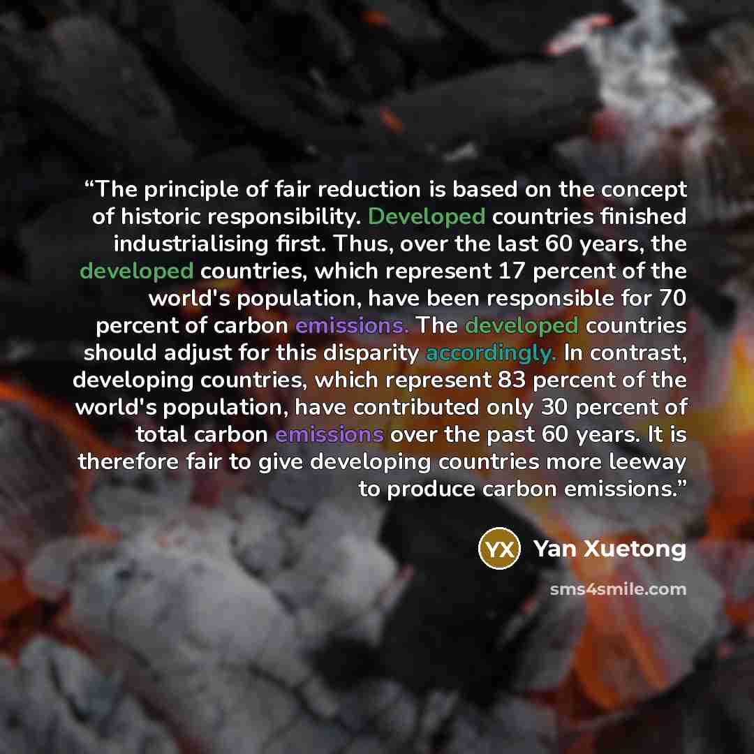 “The principle of fair reduction is based on the concept of historic responsibility. Developed countries finished industrialising first. Thus, over the last 60 years, the developed countries, which represent 17 percent of the world's population, have been responsible for 70 percent of carbon…” quote by Yan Xuetong