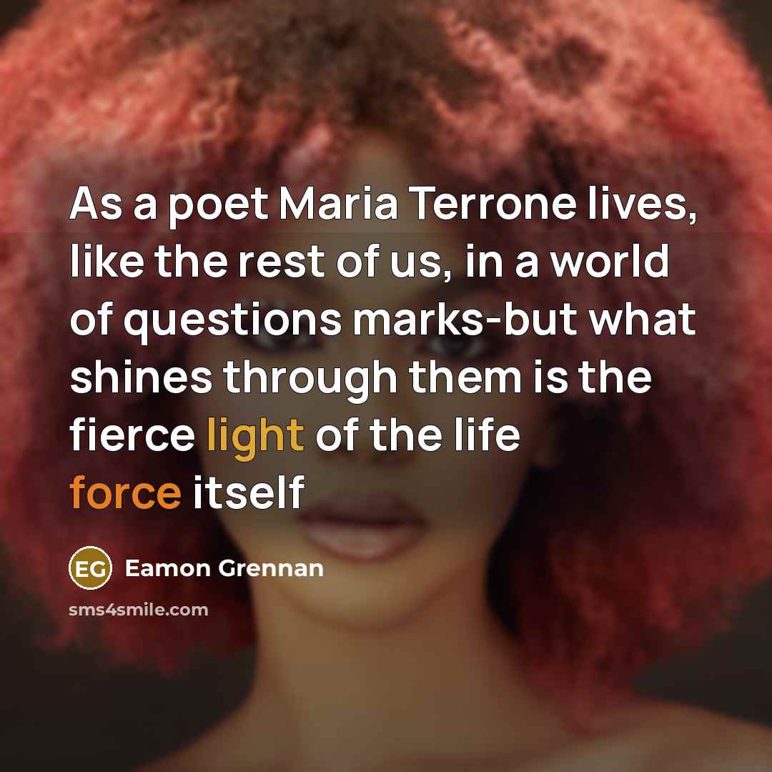 “As a poet Maria Terrone lives, like the rest of us, in a world of questions marks-but what shines through them is the fierce light of the life force itself” quote by Eamon Grennan