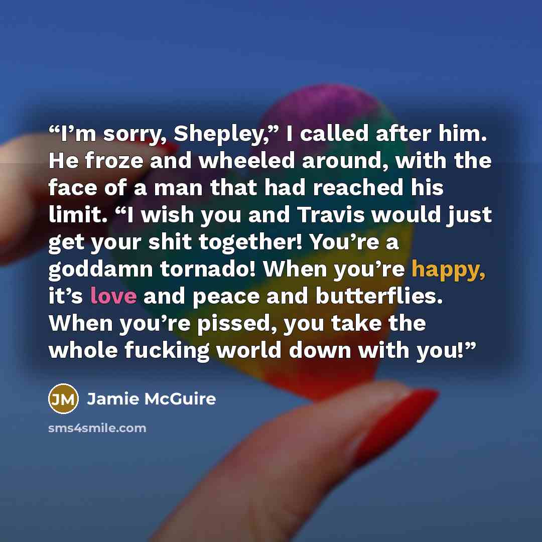 “I’m sorry, Shepley,” I called after him. He froze and wheeled around, with the face of a man that had reached his limit. “I wish you and Travis would just get your shit together! You’re a goddamn tornado! When you’re happy, it’s love and peace and butterflies. When you’re pissed, you take the…” quote by Jamie McGuire