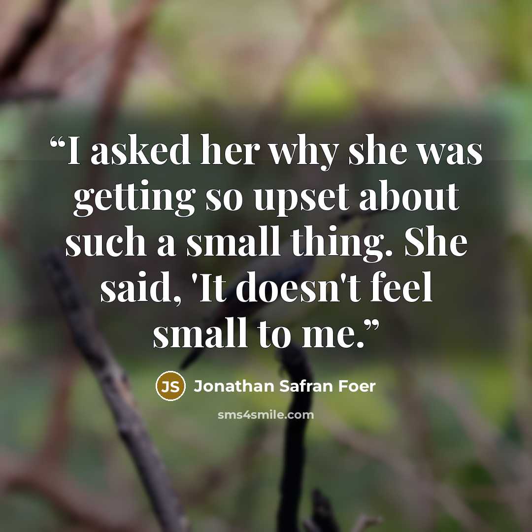 “I asked her why she was getting so upset about such a small thing. She said, 'It doesn't feel small to me.” quote by Jonathan Safran Foer