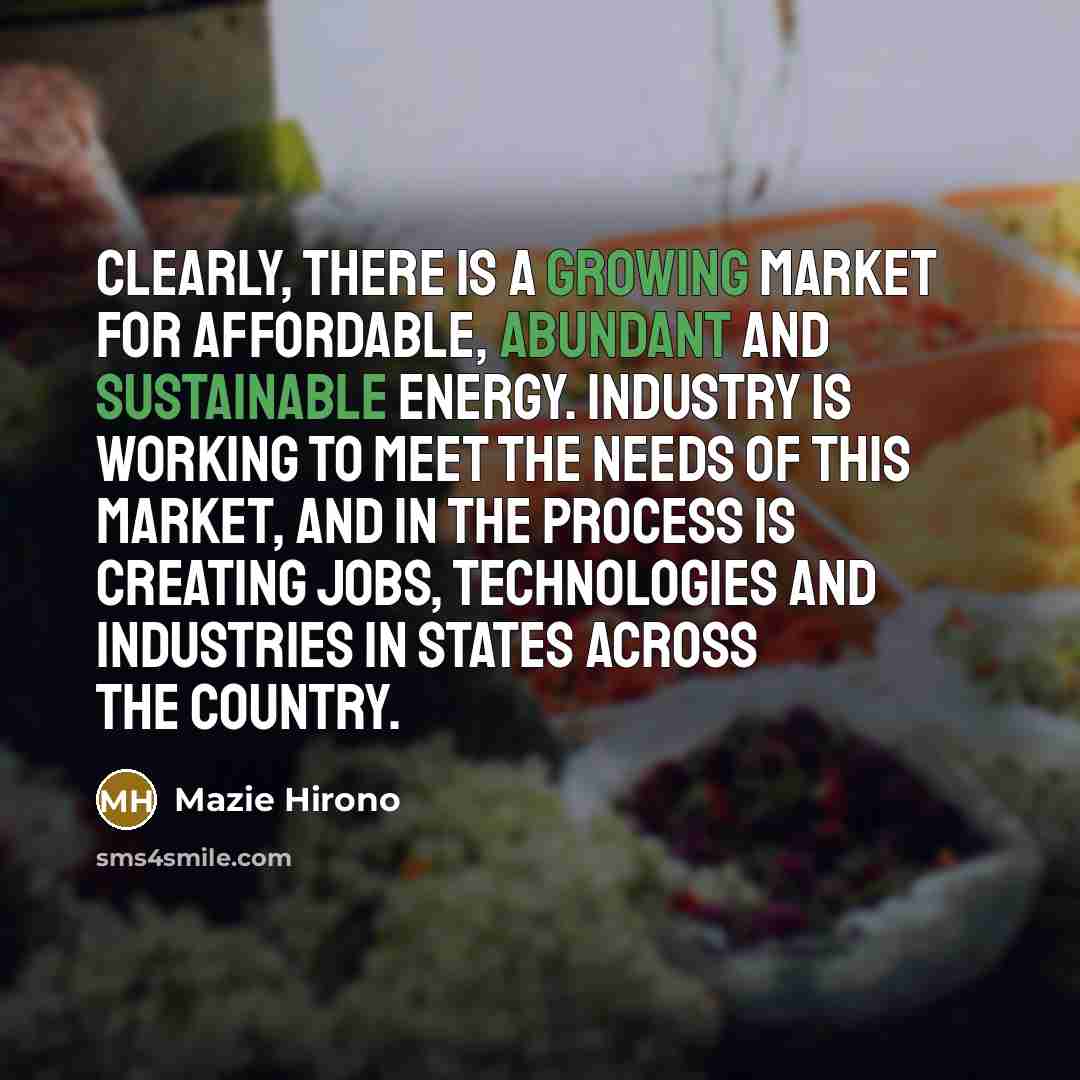 “Clearly, there is a growing market for affordable, abundant and sustainable energy. Industry is working to meet the needs of this market, and in the process is creating jobs, technologies and industries in states across the country.” quote by Mazie Hirono