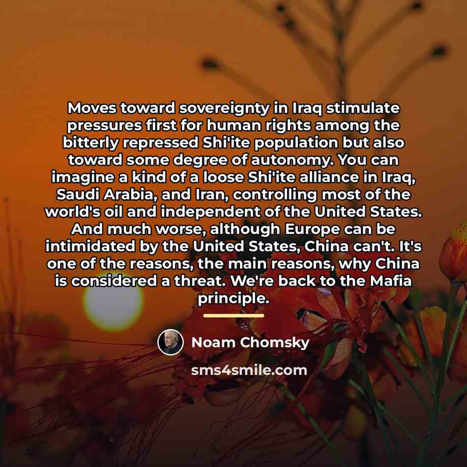 “Moves toward sovereignty in Iraq stimulate pressures first for human…” quote by Noam Chomsky
