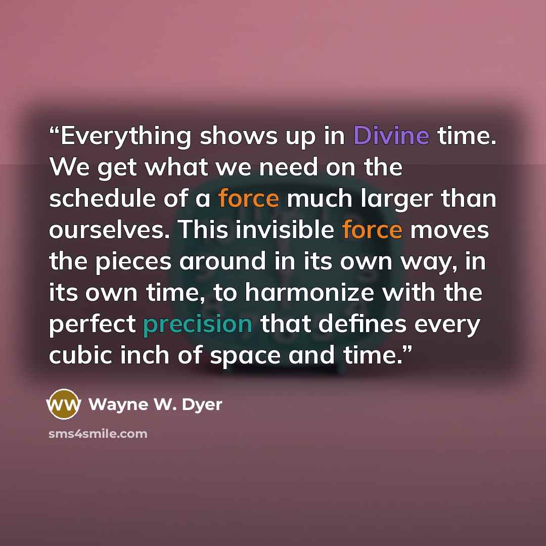 “Everything shows up in Divine time. We get what we need on the schedule of a force much larger than ourselves. This invisible force moves the pieces around in its own way, in its own time, to harmonize with the perfect precision that defines every cubic inch of space and time.” quote by Wayne W. Dyer