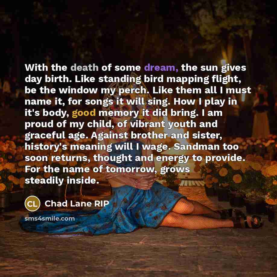“With the death of some dream, the sun gives day birth. Like standing bird mapping flight, be the window my perch. Like them all I must name it, for songs it will sing. How I play in it's body, good memory it did bring. I am proud of my child, of vibrant youth and graceful age. Against brother and…” quote by Chad Lane RIP