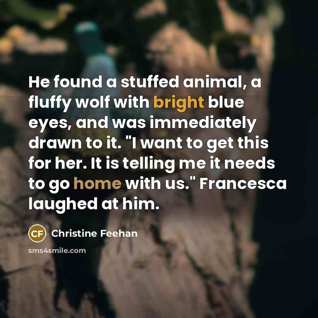 “He found a stuffed animal, a fluffy wolf with bright…” quote by Christine Feehan