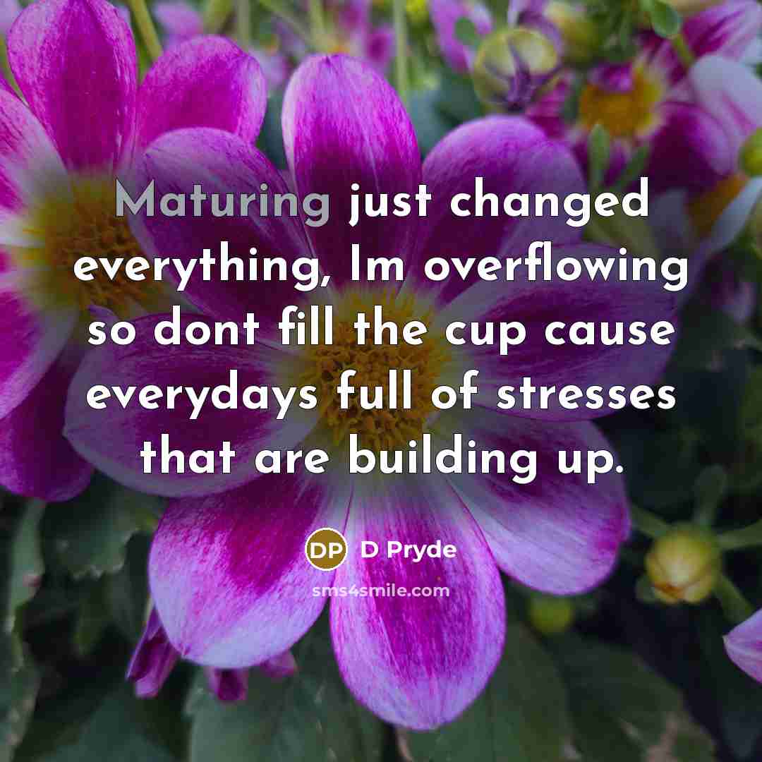 “Maturing just changed everything, Im overflowing so dont fill the cup cause everydays full of stresses that are building up.” quote by D Pryde