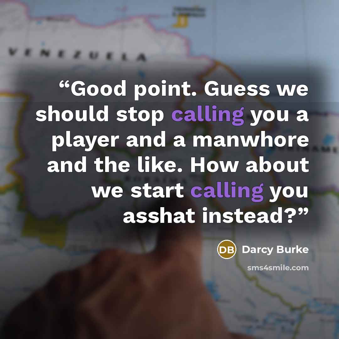 “Good point. Guess we should stop calling you a player and a manwhore and the like. How about we start calling you asshat instead?” quote by Darcy Burke