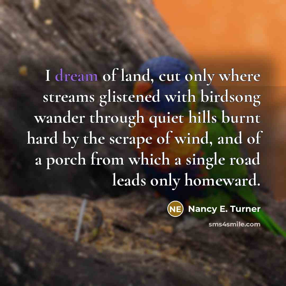 “I dream of land, cut only where streams glistened with…” quote by Nancy E. Turner