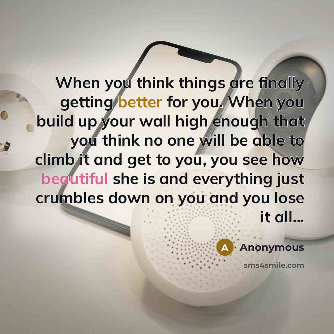 “When you think things are finally getting better for you. When you build up your wall high enough that you think no one will be able to climb it and get to you, you see how beautiful she is and everything just crumbles down on you and you lose it all...” quote by Anonymous