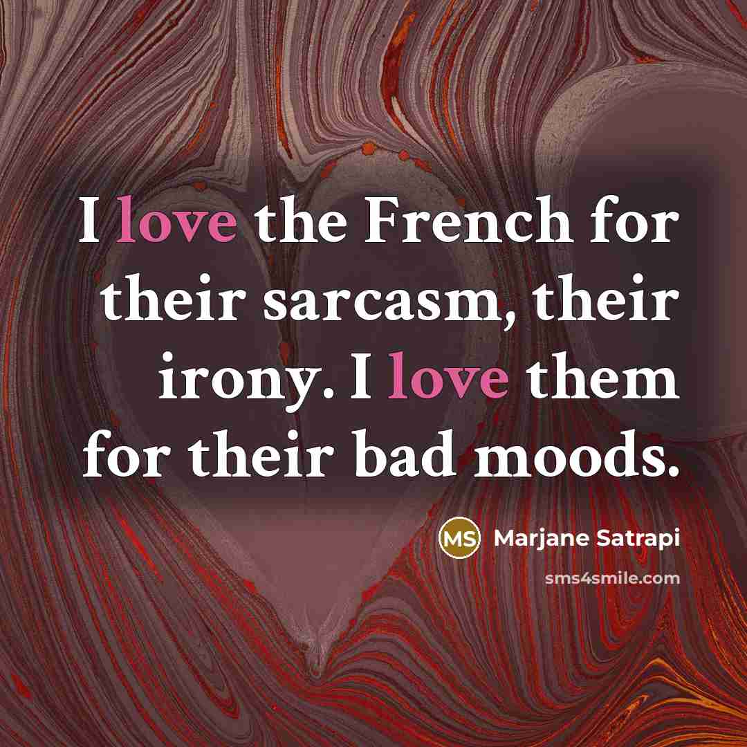 “I love the French for their sarcasm, their irony. I…” quote by Marjane Satrapi