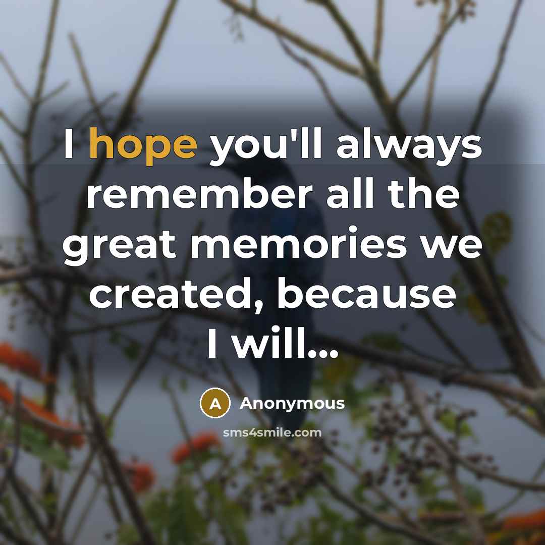 “I hope you'll always remember all the great memories we created, because I will...” quote by Anonymous