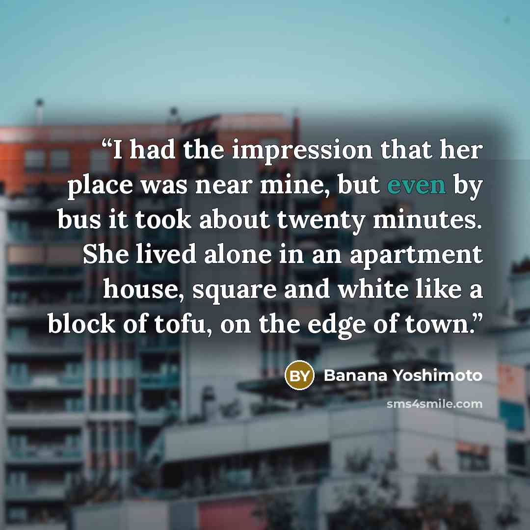 “I had the impression that her place was near mine, but even by bus it took about twenty minutes. She lived alone in an apartment house, square and white like a block of tofu, on the edge of town.” quote by Banana Yoshimoto