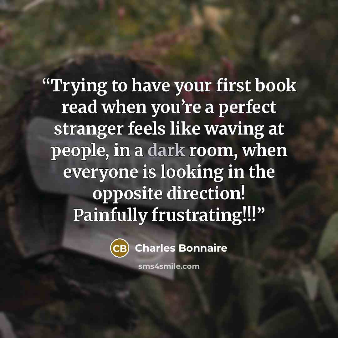 “Trying to have your first book read when you’re a perfect stranger feels like waving at people, in a dark room, when everyone is looking in the opposite direction! Painfully frustrating!!!” quote by Charles Bonnaire