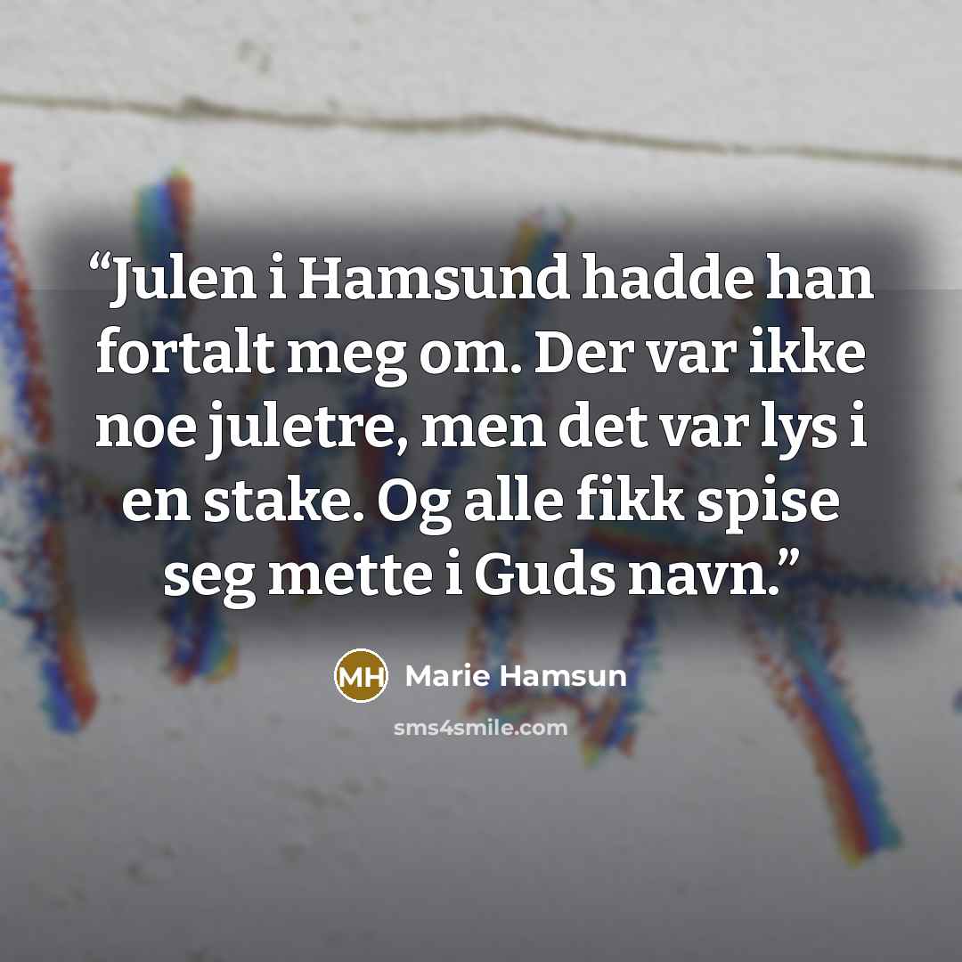 “Julen i Hamsund hadde han fortalt meg om. Der var ikke noe juletre, men det var lys i en stake. Og alle fikk spise seg mette i Guds navn.” quote by Marie Hamsun