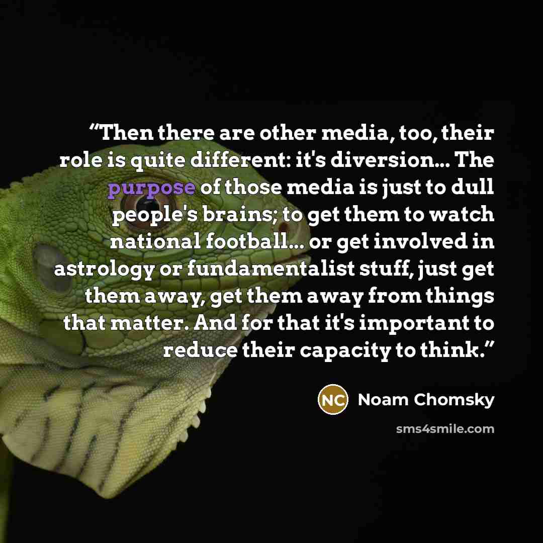 “Then there are other media, too, their role is quite different: it's diversion... The purpose of those media is just to dull people's brains; to get them to watch national football... or get involved in astrology or fundamentalist stuff, just get them away, get them away from things that matter…” quote by Noam Chomsky