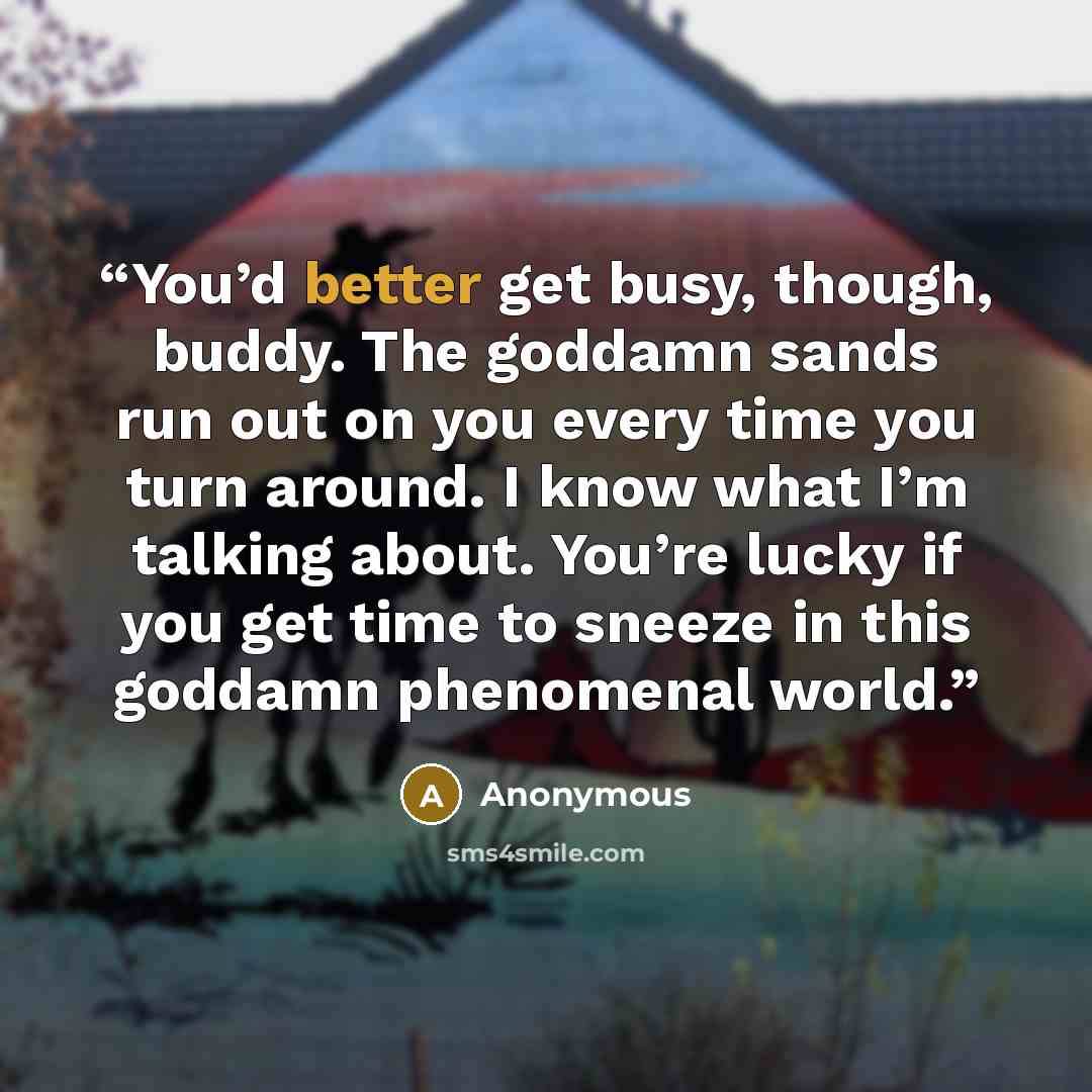 “You’d better get busy, though, buddy. The goddamn sands run out on you every time you turn around. I know what I’m talking about. You’re lucky if you get time to sneeze in this goddamn phenomenal world.” quote by Anonymous