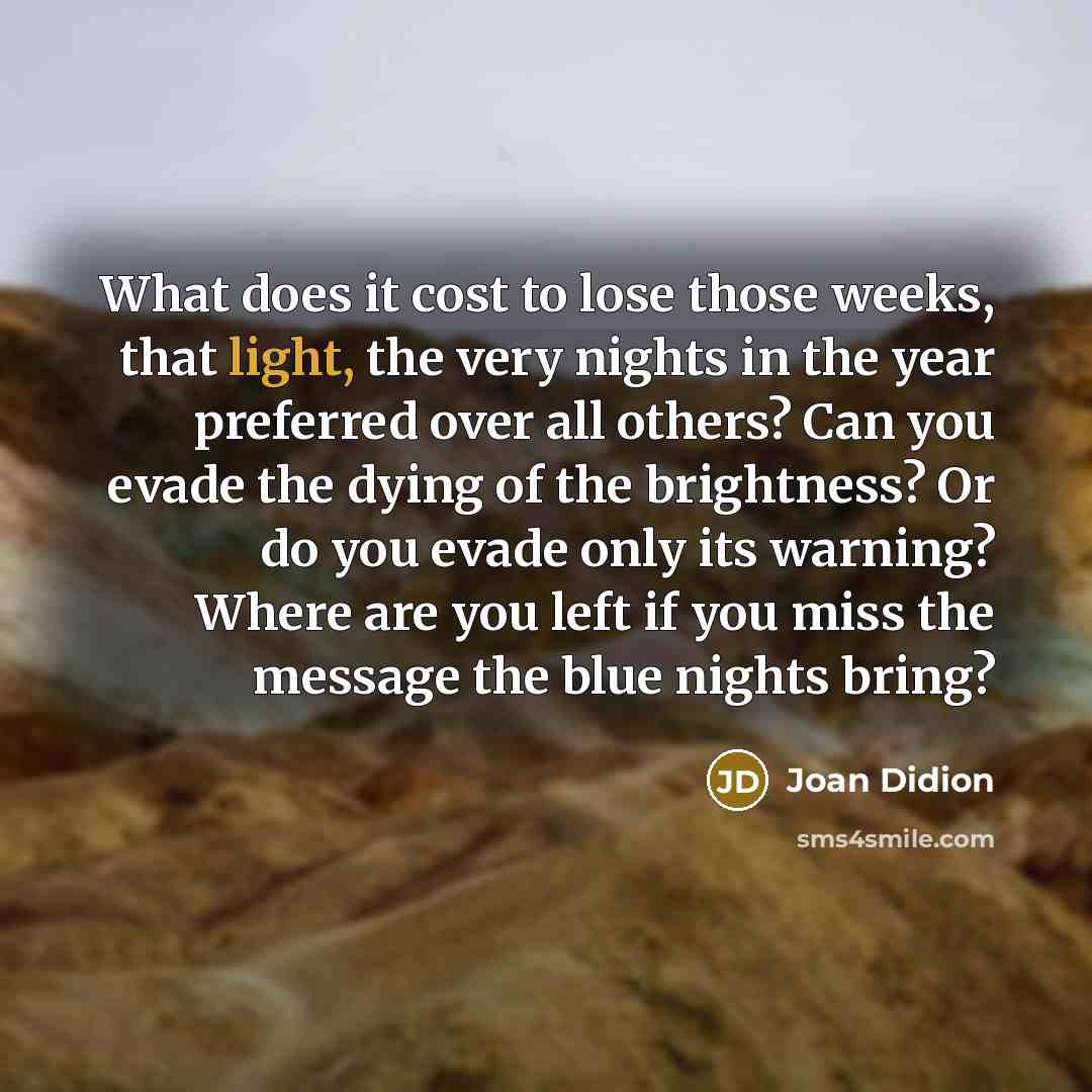 “What does it cost to lose those weeks, that light,…” quote by Joan Didion